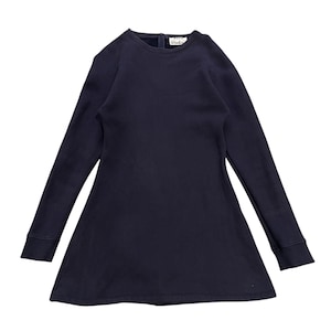 May include: A navy blue long-sleeve dress with a crew neck and a flared skirt. The dress has a zipper closure at the back of the neck and the brand name "Acne Studios" is visible on a small tag.