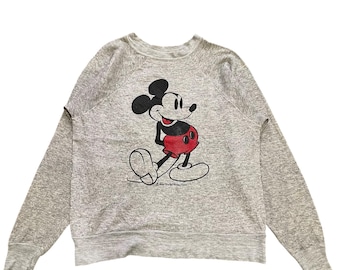 Moletom vintage Mickey Mouse anos 70 | Walt Disney Productions Raglan Crewneck | Blusa de moletom cinza mesclado | Tamanho pequeno/médio