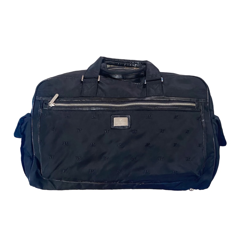 May include: Black travel bag with a silver zipper and a silver logo plate. The bag has a repeating pattern of a logo on the front.