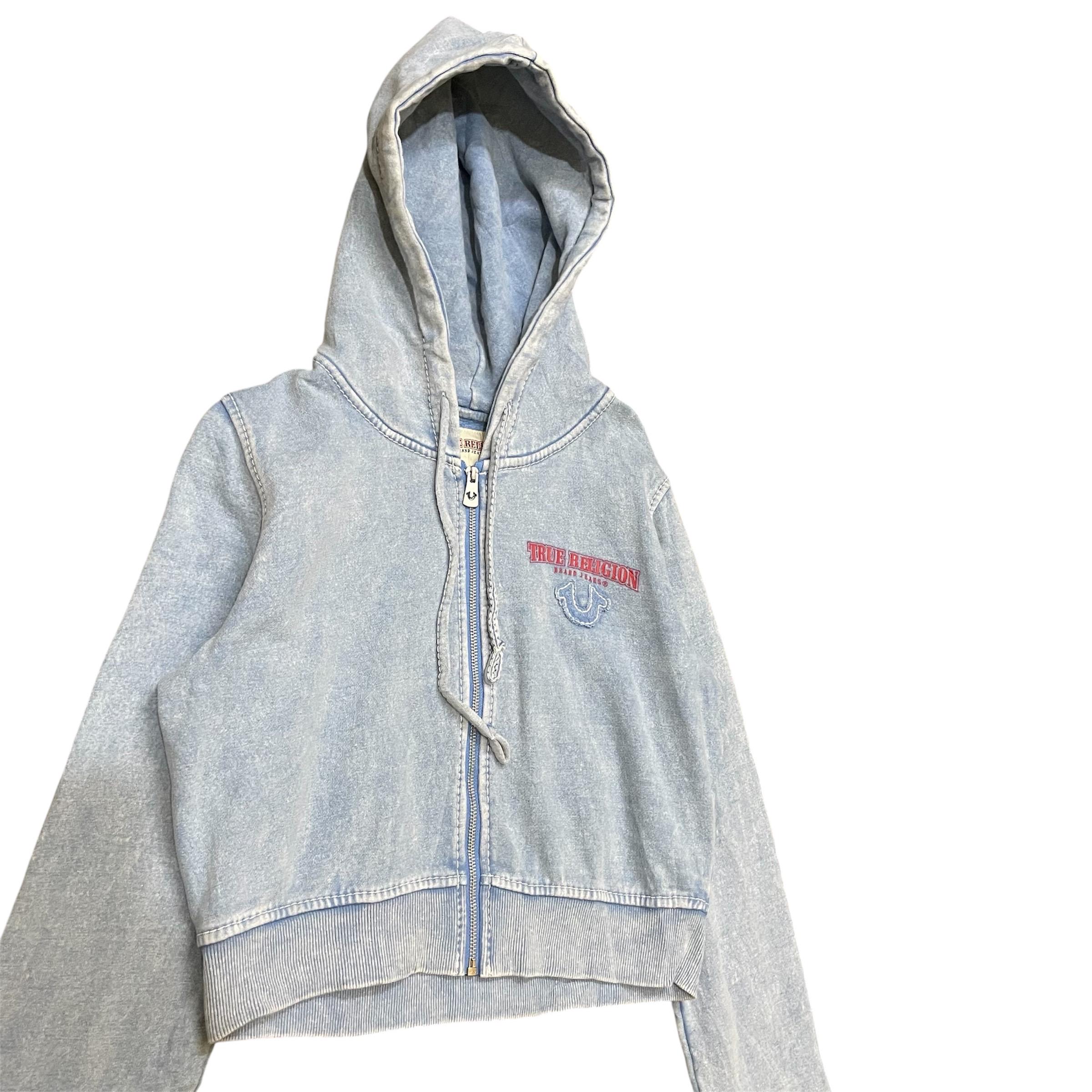 Y2K True Religion Cropped Hoodie: Acid Wash Light Blue, Red Logo