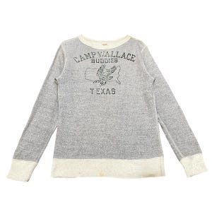 May include: A grey sweatshirt with long sleeves and a crew neck. The sweatshirt displays the text "CAMP WALLACE BUDDIES TEXAS" with an illustration of a bird and the outline of Texas. The cuffs and hem are white.