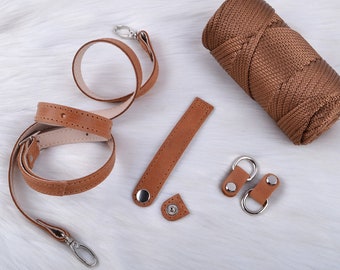 A set for crochet a shell handbag with a genuine leather strap. DIY handmade bag, Backpack, shoulder. Cross-shoulder bag details for crochet