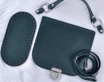 Set for of genuine leather a bag with a bottom and a handle on screws made. Crochet a bag for every day. Stylish hand-knitted Shoulder bag.