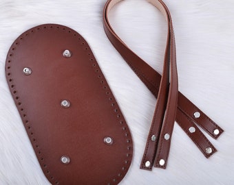 Leather set for shopper's bag with screw-fastened handles. Everyday bag for walking. Details base for crochet handmade bag. Knitting bag