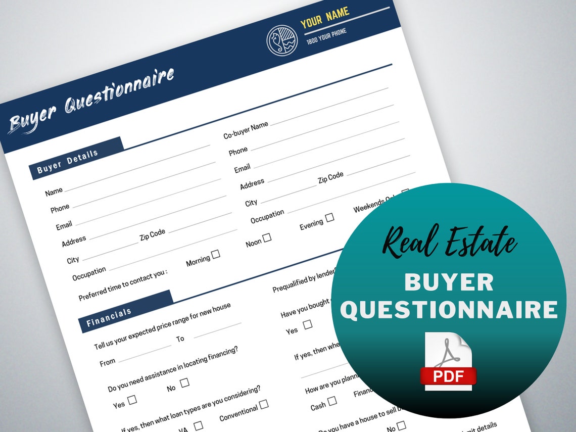 Real Estate Buyer Questionnaire Sheet Template Home Buyer Etsy