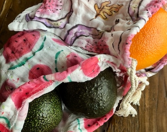 Original reusable organic cotton double gauze kitchen produce bags - fruit vegetables