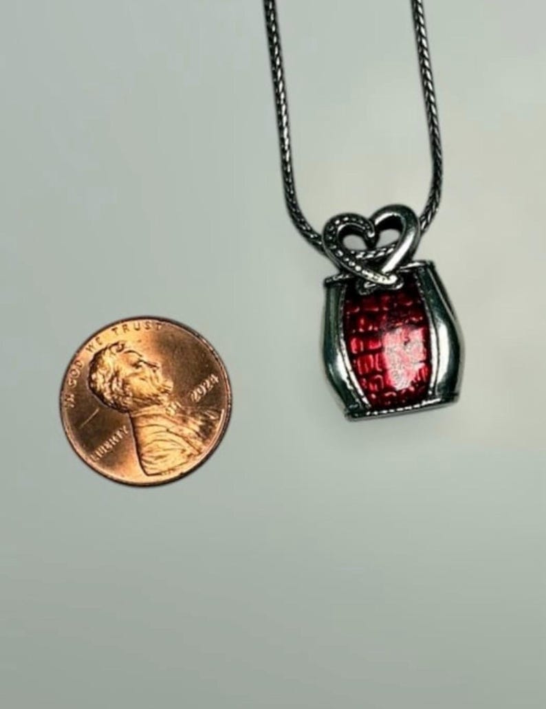 May include: A silver-toned pendant necklace featuring a heart-shaped top and a rectangular base with a textured, glossy red inlay. The pendant hangs from a thin silver chain and is shown next to a 2024 United States one-cent copper coin.