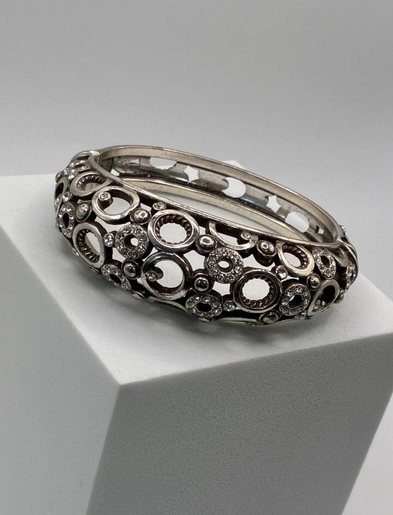 Brighton Silver-Tone Crystal Openwork Hinged Bangle Bracelet Size 7 image 1