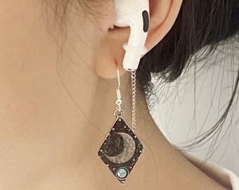 vintage moon diamond pendentif écouteur chaîne, aiguille d’oreille en argent S925, boucles d’oreilles anti-chute AirPods, bijoux AirPods, accessoires AirPod