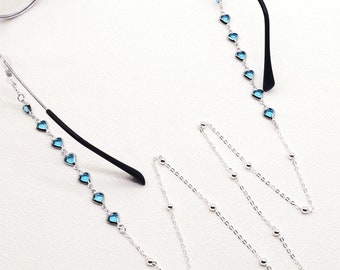 Blue Ocean Heart Glasses Chain/Birthday Gift/Glasses Thread/Metal Glasses Chain/Silver