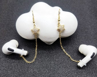 Boucles d'oreilles étoile minimaliste plaqué cuivre 14K chaîne casque, chaîne anti perte AirPod, support AirPod, bijoux