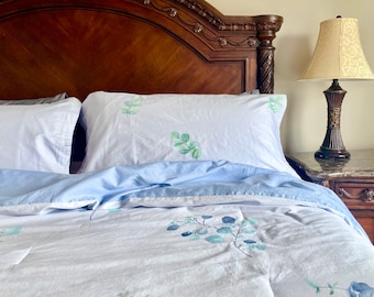 Cotton flowers White blue Bedding Set cotton comforter set, Queen King size