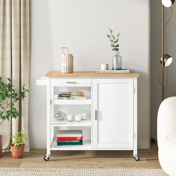 Kitchen Island on Wheels with Storage Drawer and Cabinet, Rolling Kitchen Cart with Open Shelves, Rubberwood Tabletop and Towel Rack, White