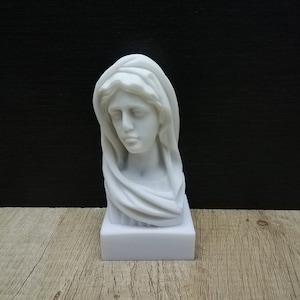 Virgin Mary Mother Of Jeasus -Madonna- Bust Head 12.5cm-4.92in White Marble & Cast Alabaster Handmade Statue Made in Crete Greece
