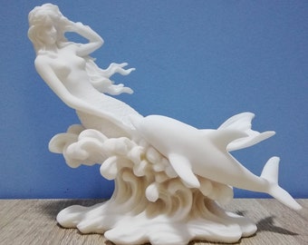 Mermaid on a Wave with a Dolphin 17cm-6.69inH Home Decor Handmade Greek Sculpture White Marble & Cast Alabaster Handmade Statue in Greece