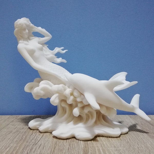 Mermaid on a Wave with a Dolphin 17cm-6.69inH Home Decor Handmade Greek Sculpture White Marble & Cast Alabaster Handmade Statue in Greece