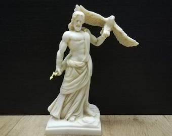 ゼウスと鷲のアラバスター彫刻 - 古代ギリシャの神の像（7.67インチ