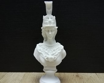 Handmade Athena Bust Statue – White Marble & Alabaster, Greek Goddess Decor