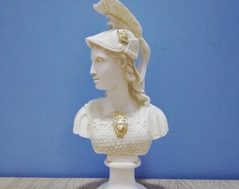 Athena Pallas Bust Head Ancient Greek Roman Goddess of Wisdom Minerva 23.5cm - 9.25in White Marble & Alabaster Handmade Statue in Greece