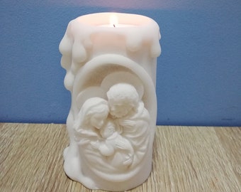 Candle Holder The Holy Family | Jesus-Virgin Mary and Saint Joseph 10cm - 3.93in Handmade Sculpture White Marble and Cast Alabaster