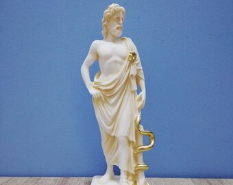 Escultura de alabastro de Asclepio, dios de la medicina, hecha a mano y pintada a mano. 22,5 cm (8,85 pulgadas). Estatua de mármol blanco y alabastro fundido, hecha a mano en Grecia.