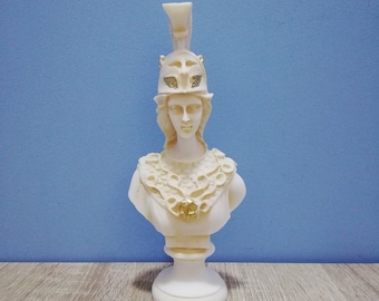 Athena Pallas Bust Head Ancient Greek Roman Goddess of Wisdom Minerva 19.5cm - 7.67in White Marble & Alabaster Handmade Statue in Greece