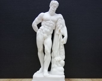 Handmade Hercules Statue: White Marble & Alabaster, Greek Hero Decor 13.4in - 34cm
