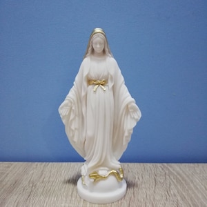 聖母マリア -マドンナ- 宗教像 17.5 cm-6.89 インチ 手作り - 手描き ホワイトゴールド彫刻 ホワイト大理石と鋳造アラバスター