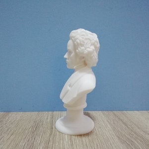 May include: A white bust sculpture of a person with curly hair and a formal collar. The sculpture is on a pedestal base and is set against a blue background. The bust is a side profile.