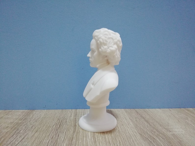 May include: A white bust sculpture of a person with curly hair and a formal collar. The sculpture is on a pedestal base and is set against a blue background. The bust is a side profile.