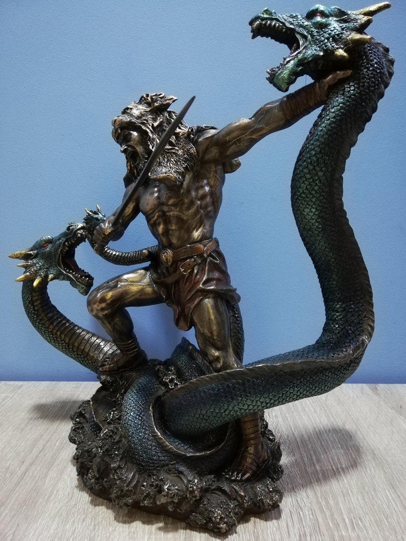 Hercules & Lernean Lernaean Hydra on Fight 30.5cm-12in Ancient Greek Hero Resin and Bronze Statue with Unique Details and Vintage Surfacing image 3