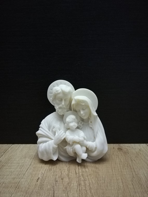 Handmade Holy Family Statue: White Marble Cast Alabaster Sculpture