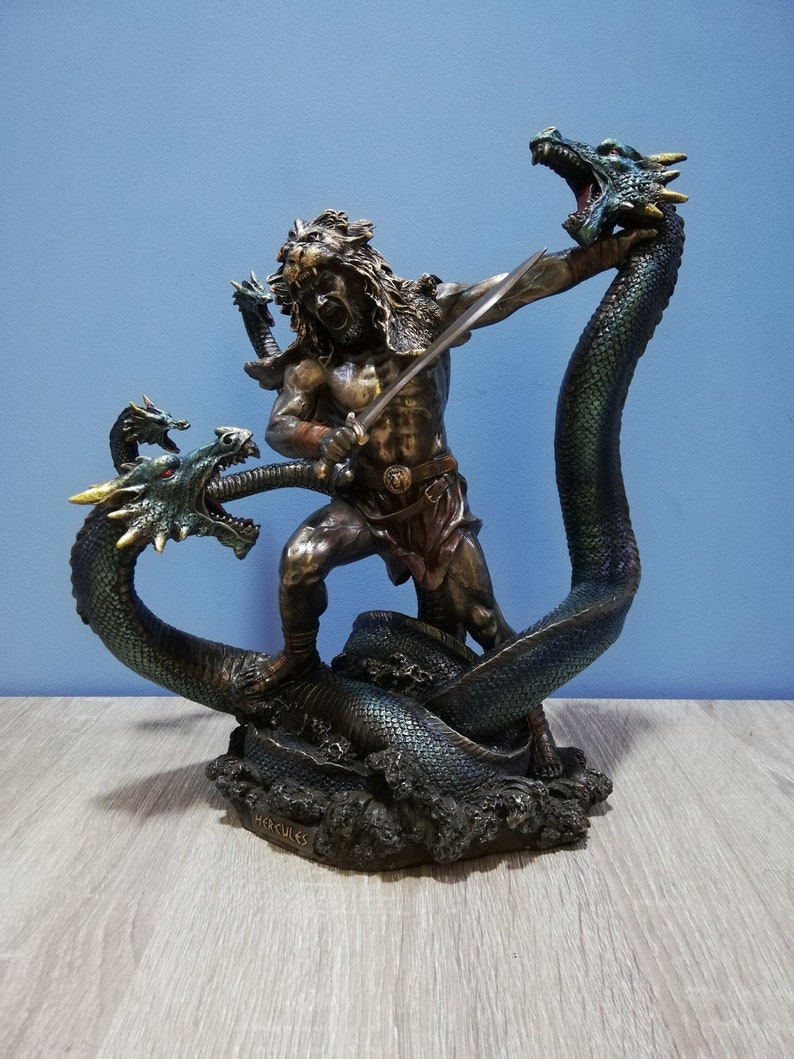 Hercules & Lernean Lernaean Hydra on Fight 30.5cm-12in Ancient Greek Hero Resin and Bronze Statue with Unique Details and Vintage Surfacing image 1