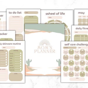 May include: A set of printable planner pages with a desert theme. The pages include a meal planner, to-do list, goal tracker, daily skincare routine, wheel of life, daily fitness planner, self-care challenge, and a monthly calendar. The pages are decorated with cacti, sand dunes, and a sunburst.