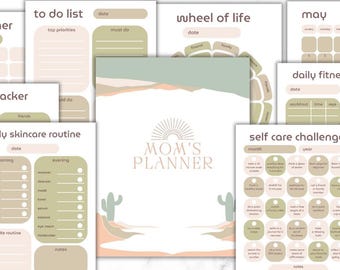 New Mom Selfcare Planner Printable Bundle - 2025 Digital Planner - Fitness Planner - Habit Tracker - ADHD Planner - Meal Planner