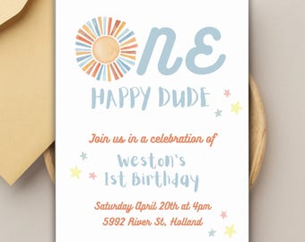 One Happy Dude Birthday Invite, First Birthday Invitation Boy, 1st Birthday Invite, Kids Birthday Boho Theme, Modern Birthday Invite