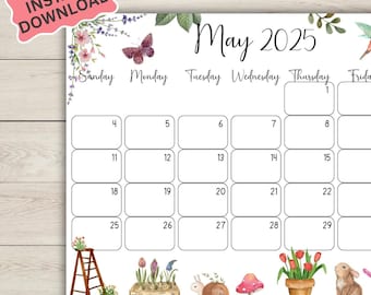 May 2025 Calendar Year Printable-Instant Download-Simple Minimalist Wall Calendar-Printable Fillable 2025 Desk Monthly Calendar Planner