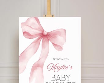 Blue Pink Bow Baby Shower Welcome Sign Printable, Blue Pink Bow Baby Boy Shower Sign Template, Boy Shower Welcome Sign Instant Download