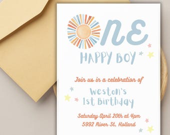 One Happy Boy Birthday Invite, First Birthday Invitation Boy, 1st Birthday Invite, Kids Birthday Boho Theme, Modern Birthday Invite