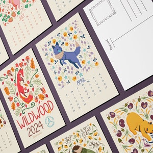 2024 Artist Calendar | Folk Art Animal 4x6" Postcard Desktop Calendar w/Stand | Wildwood Collection | Ideal Christmas Gift for Her Office