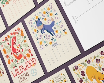 2024 Artist Calendar | Folk Art Animal 4x6" Postcard Desktop Calendar w/Stand | Wildwood Collection | Ideal Christmas Gift for Her Office