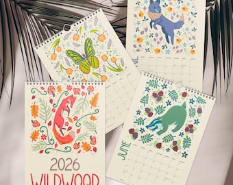 Calendario de pared 2026 / Calendario de animales de arte popular / Calendario mensual ilustrado / Arte mural colorido / Calendario 2026 encuadernado con alambre