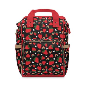 Black & Red Strawberry Design Wickeltasche - Wickelrucksack für Mama und Baby