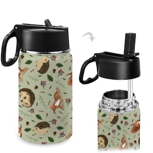 Stainless Steel Insulated Kids’ Water Bottle with Handle and Straw, Childrens drink Bottle for School, or College. Cute animal prints.