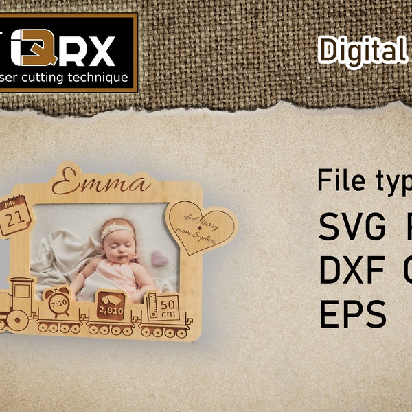 Fotorahmen mit Zug - v2 (Neugeborene, Kinder metrisch) - Svg dxf pdf cdr eps, Laser Cutting File