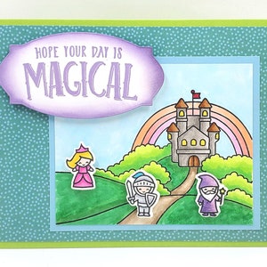 Fairy tale birthday card with princess, knight, wizard and castle
