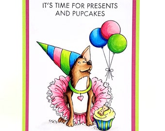 It's time for presents and pupcakes -- cute dog birthday card with balloons and cupcake