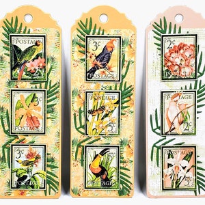 Bookmark with vintage tropical flowers and birds -- parrot toucan cockatoo butterfly orchid palm