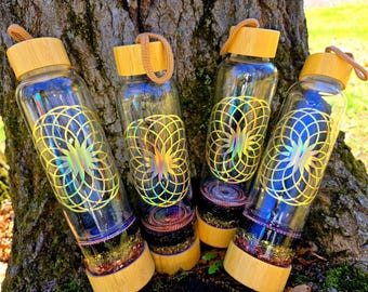 Water Bottle, Tensor Orgone Crystals,  Restructure your Water on the go! 17oz OG generator,  Glass Water Bottle with Scalar waves Disc