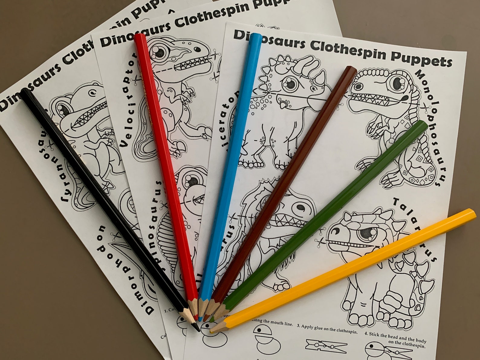 Dinosaurs Clothespin Puppets Coloring Pages PDF Pattern | Etsy